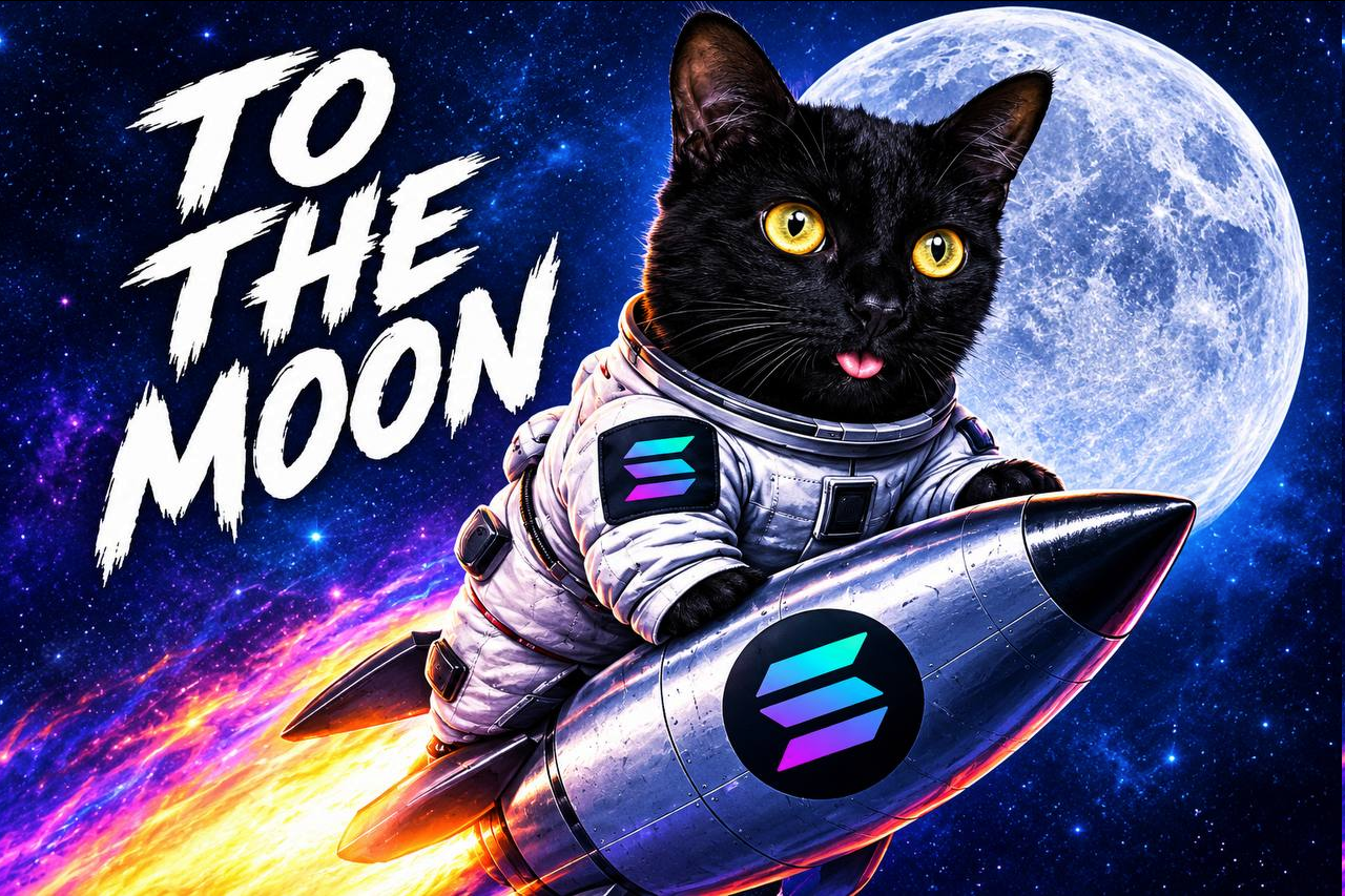 Blackie in a spacesuit riding a rocket to the moon