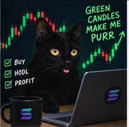 Blackie trading beside green candles with buy, hold, profit advice